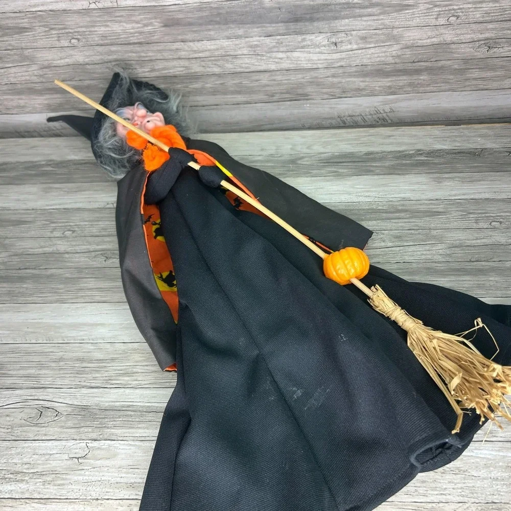 Vintage Witch Doll Handmade Rubber Face Halloween Decoration Folk Art Straw Body